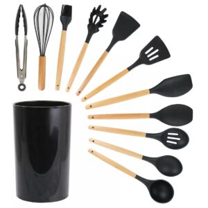 Megachef MGSP-590 Silicone & Wood Cooking Utensils, Black - Set of 12